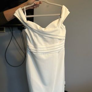 Pleated off the shoulder midi dress in white